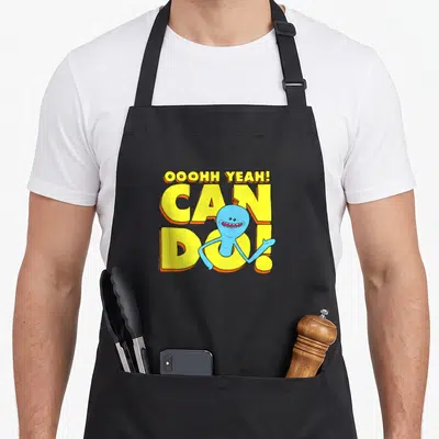 Meeseek mr apron - Blue cartoon character standing in front of yellow OOOHH YEAH CAN DO text with orange outlines — shown on a black cotton canvas apron against a white background