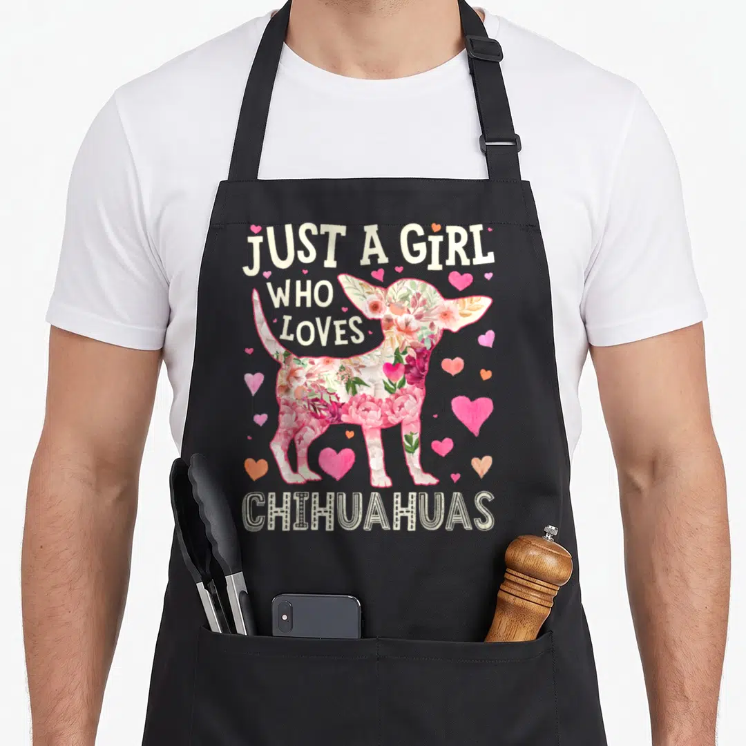Chihuahua floral apron - Floral filled chihuahua silhouette with Just A Girl Who Loves Chihuahuas text and hearts — shown on a black cotton canvas apron against a white background