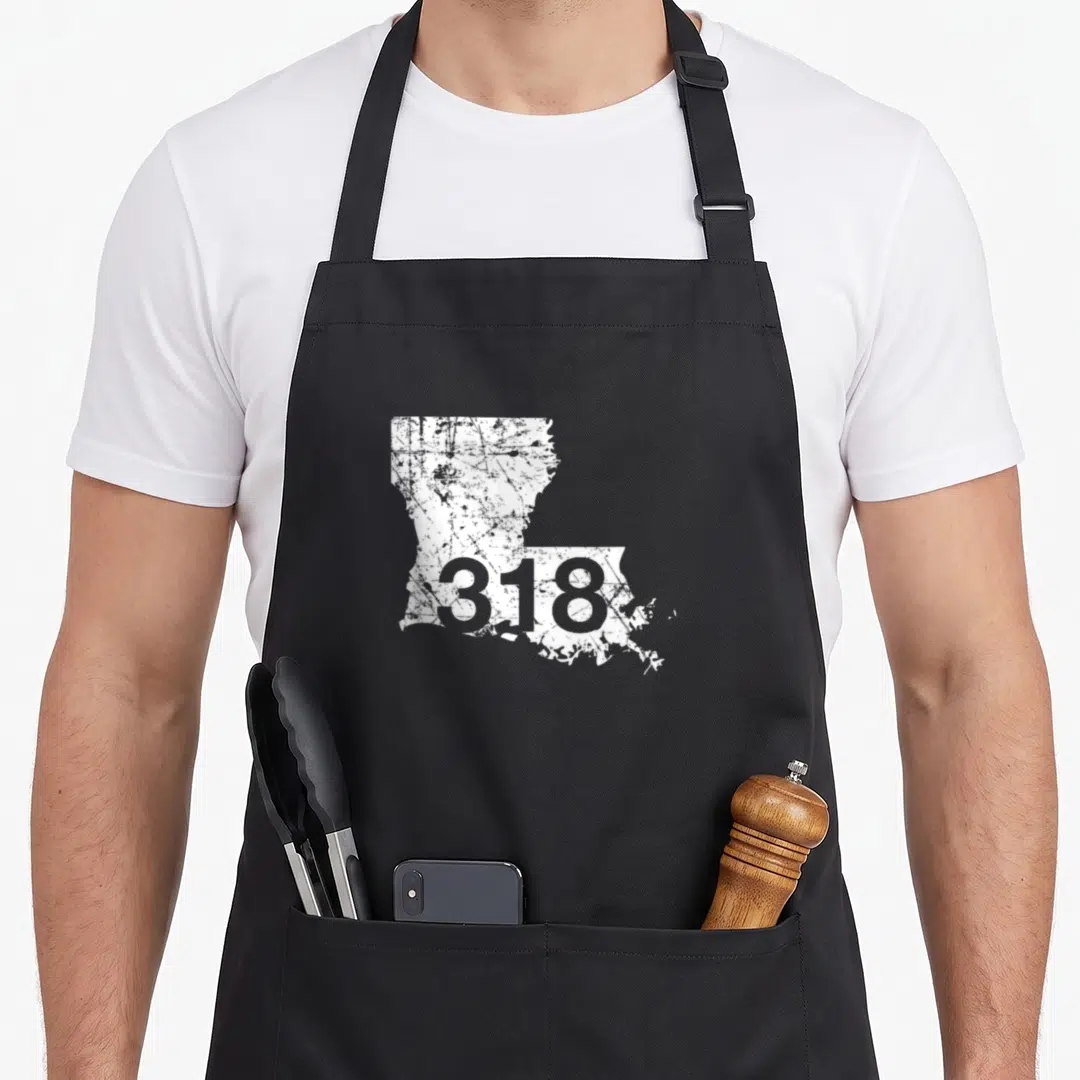 Shreveport louisiana apron - Distressed white Louisiana state silhouette containing grey number 318 on grey background — shown on a black cotton canvas apron against a white background