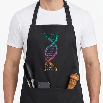 Dna geek apron - Dotted DNA helix gradient teal purple orange yellow on black — shown on a black cotton canvas apron against a white background
