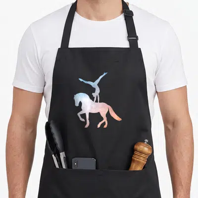 Sport horse apron - Watercolor silhouette of vaulter handstand on horse in blue red purple — shown on a black cotton canvas apron against a white background