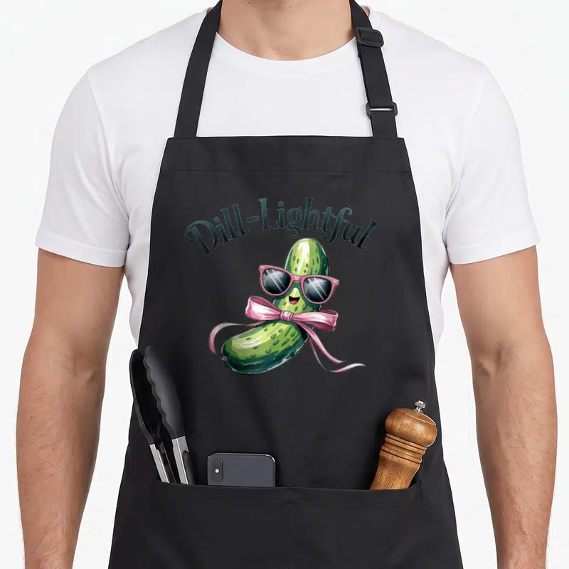 Lightful pickle apron - Cartoon pickle with pink sunglasses and bow under arched text — shown on a black cotton canvas apron against a white background