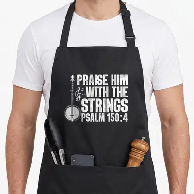 Leader banjo apron - White distressed banjo illustration next to stacked text Praise Him With The Strings Psalm 150:4 — shown on a black cotton canvas apron against a white background