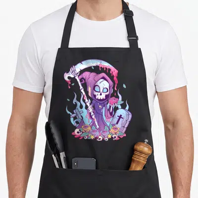 Grim goth apron - Cartoon purple reaper holding scythe and rose surrounded by skulls and blue flames — shown on a black cotton canvas apron against a white background