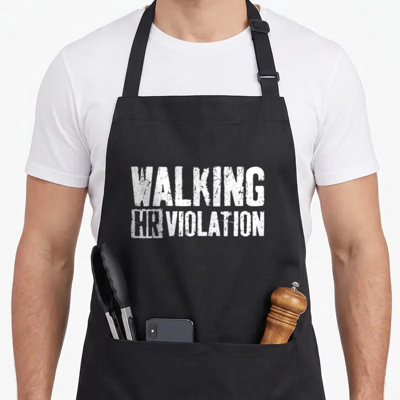 Employee walking apron - White distressed WALKING HR VIOLATION text on black background — shown on a black cotton canvas apron against a white background