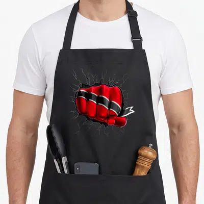 Flag trinidadian boy apron - Red black and white fist punching through cracked grey wall — shown on a black cotton canvas apron against a white background