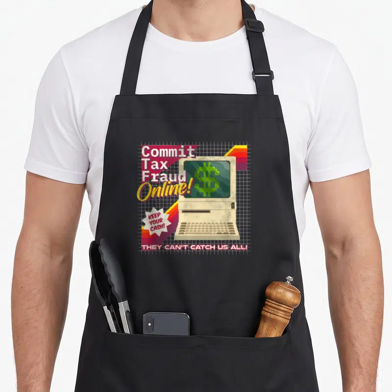 Commit video game apron - Retro beige computer with pixelated green dollar sign and sarcasm text on grid background — shown on a black cotton canvas apron against a white background