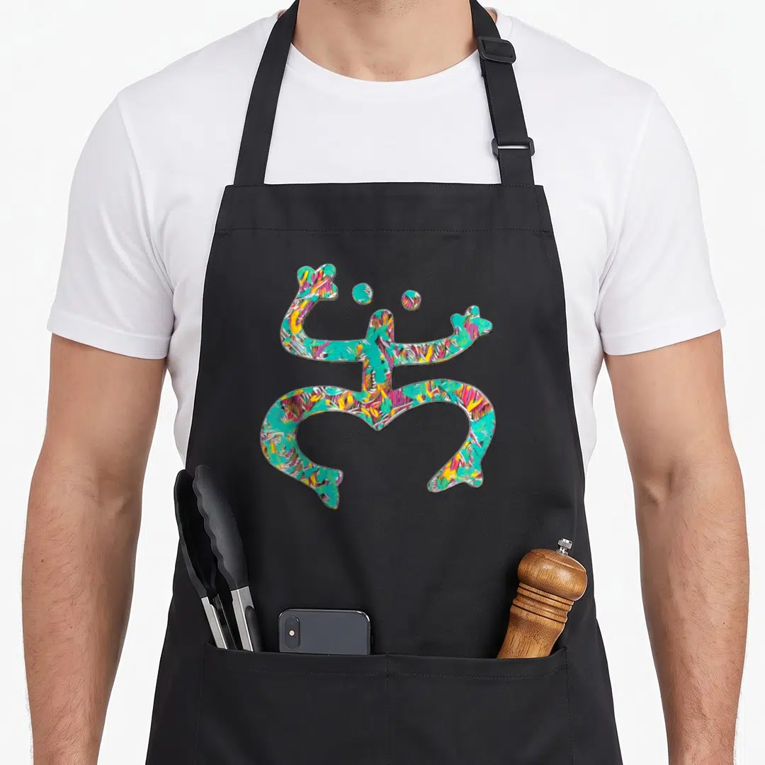 Coqui ricotta apron - Multicolored abstract Taino frog figure in teal, yellow, magenta, and orange — shown on a black cotton canvas apron against a white background