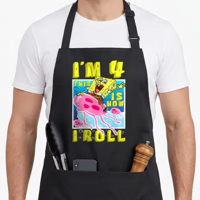 Roll birthday apron - SpongeBob riding pink jellyfish with text I'M 4 THIS IS HOW I ROLL in yellow and blue — shown on a black cotton canvas apron against a white background