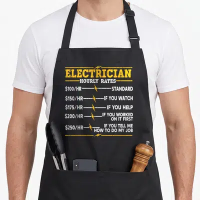 Funny hourly electrician apron - Yellow and white text listing electrician hourly rates with lightning bolt graphics — shown on a black cotton canvas apron against a white background