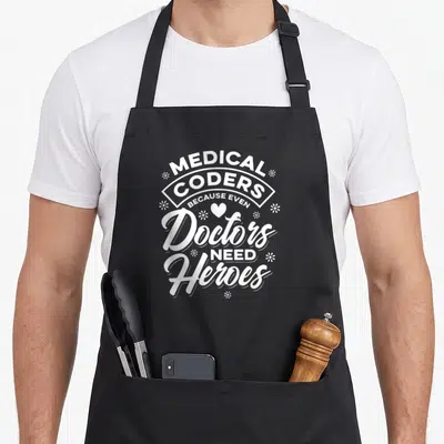 Hero doctor apron - White stacked text reading Medical Coders Because Even Doctors Need Heroes with heart and sparkles — shown on a black cotton canvas apron against a white background