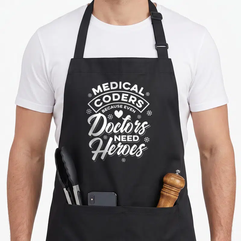 Hero doctor apron - White stacked text reading Medical Coders Because Even Doctors Need Heroes with heart and sparkles — shown on a black cotton canvas apron against a white background