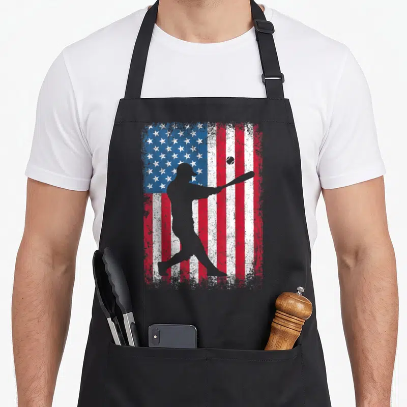 Baseball 4th of july apron - Grey batter silhouette swinging bat over distressed red white and blue USA flag — shown on a black cotton canvas apron against a white background