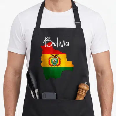 Bolivia flag bolivian apron - Map of Bolivia filled with red yellow green and white flag stripes under white script text — shown on a black cotton canvas apron against a white background