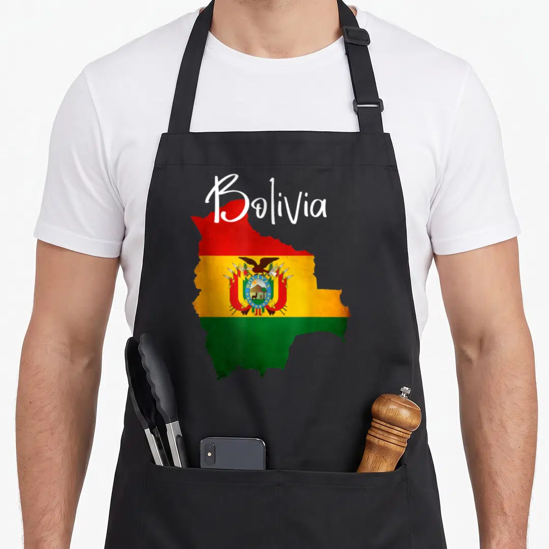 Bolivia flag bolivian apron - Map of Bolivia filled with red yellow green and white flag stripes under white script text — shown on a black cotton canvas apron against a white background