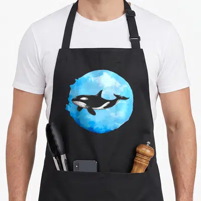 Orca killer whale apron - Grey and white orca swimming inside a blue watercolor circle splash — shown on a black cotton canvas apron against a white background