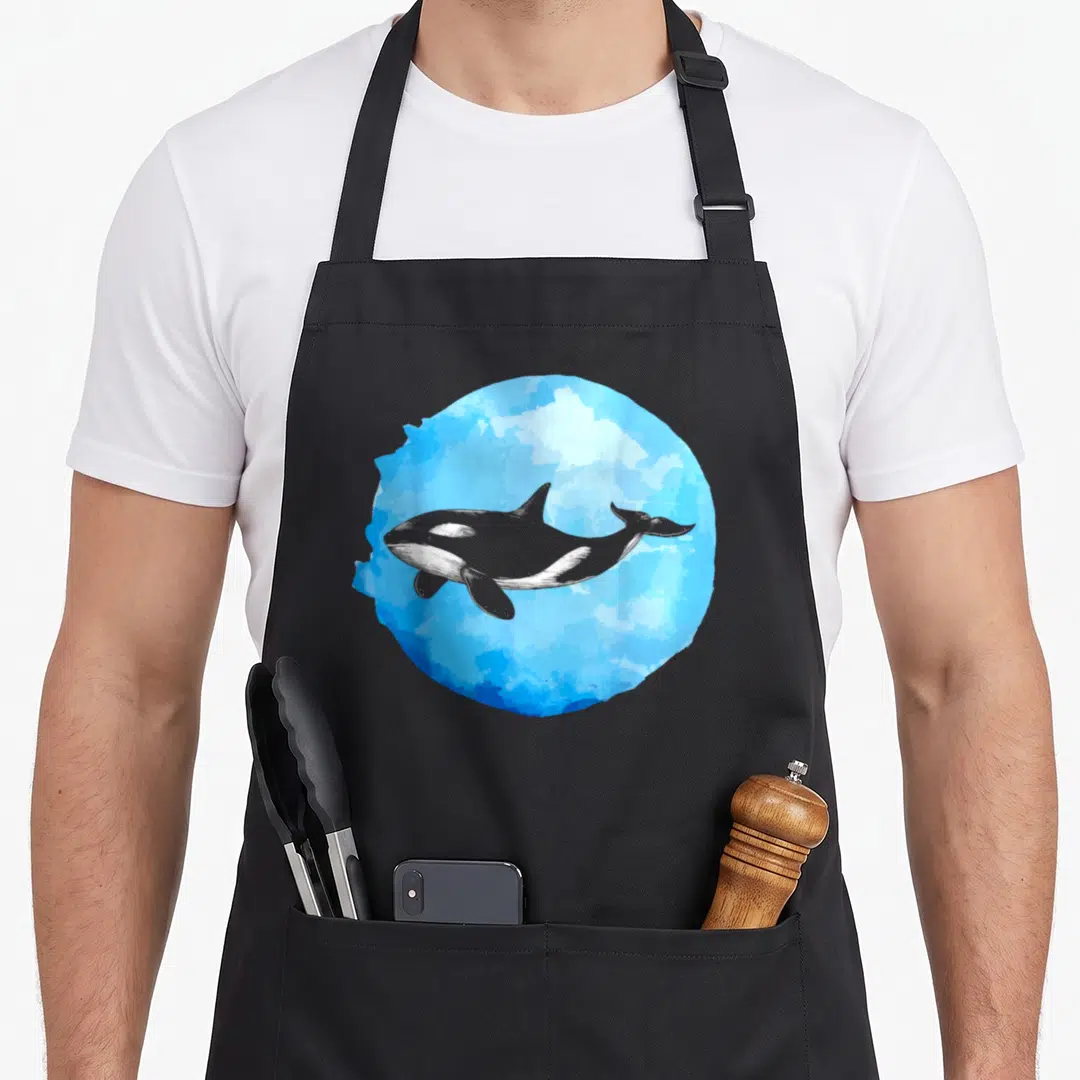 Orca killer whale apron - Grey and white orca swimming inside a blue watercolor circle splash — shown on a black cotton canvas apron against a white background