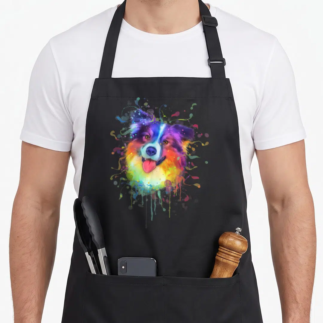 Watercolor australian aprons - Colorful watercolor dog head with blue, purple, red, yellow, and green paint splatters — shown on a black cotton canvas apron against a white background