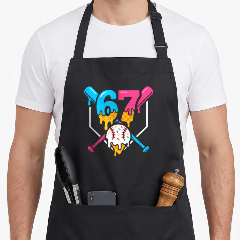 Seven ice cream apron - Number 67 melting into cones above baseball and crossed bats in cartoon style — shown on a black cotton canvas apron against a white background