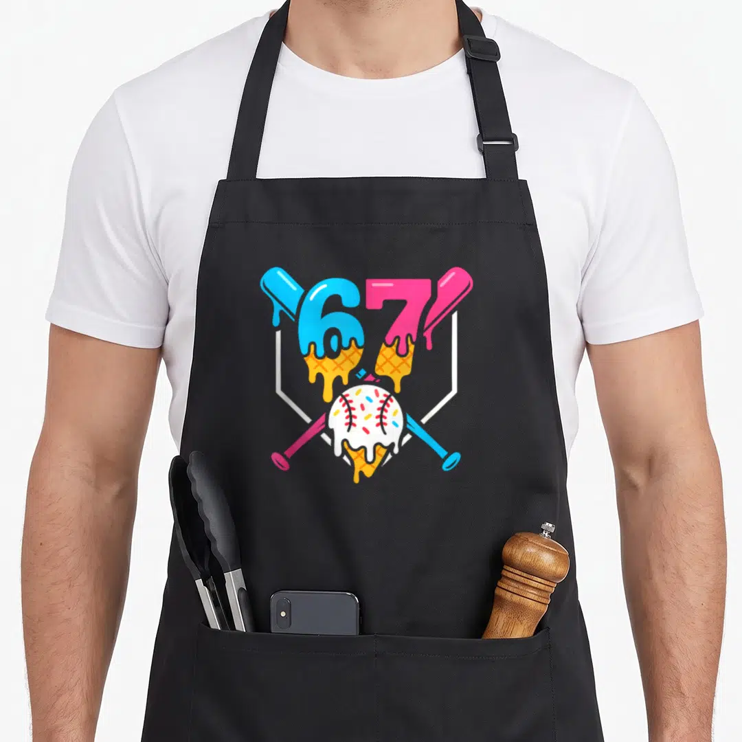Seven ice cream apron - Number 67 melting into cones above baseball and crossed bats in cartoon style — shown on a black cotton canvas apron against a white background