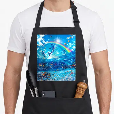 Dolphin meme apron - Blue dolphins jump through a rainbow under hot air balloons above an underwater coral reef — shown on a black cotton canvas apron against a white background