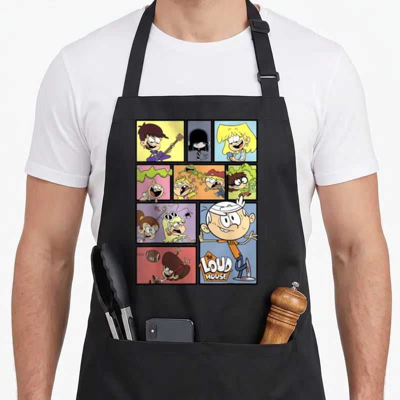 Loud novelty apron - Lincoln Loud comic grid with yellow blue red orange panels and THE LOUD HOUSE logo — shown on a black cotton canvas apron against a white background
