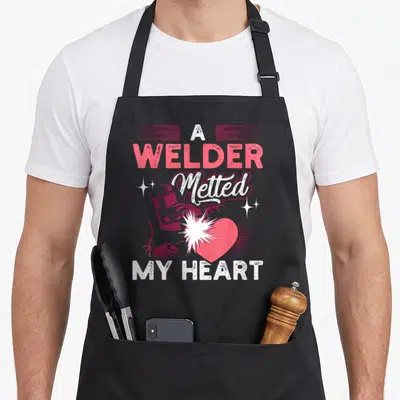 Welder wife apron - A Welder Melted My Heart text with pink welder graphic and stars — shown on a black cotton canvas apron against a white background