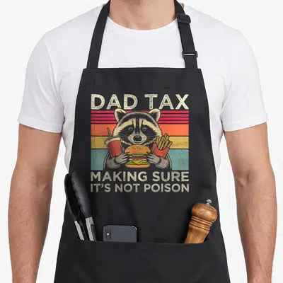 Sure father day apron - Raccoon holding burger and fries with Dad Tax text on retro stripes — shown on a black cotton canvas apron against a white background