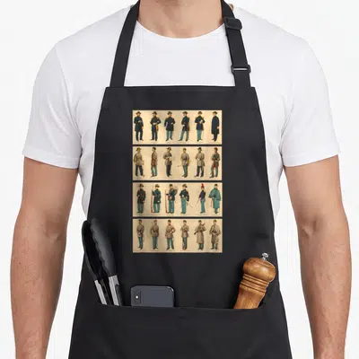 Uniform military apron - Grid of 24 Civil War soldiers in blue tan grey and red standing on beige — shown on a black cotton canvas apron against a white background