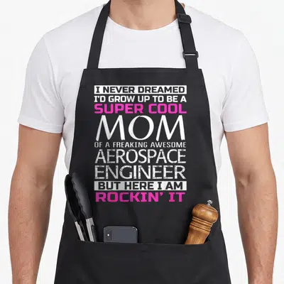 Cute aerospace engineer apron - Stacked white and pink typography stating I never dreamed I'd grow up to be a super — shown on a black cotton canvas apron against a white background