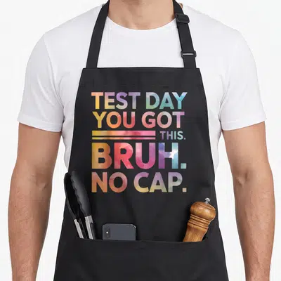 Bruh test kitchen apron - Stacked colorful gradient text reading TEST DAY YOU GOT THIS BRUH NO CAP with two horizontal — shown on a black cotton canvas apron against a white background