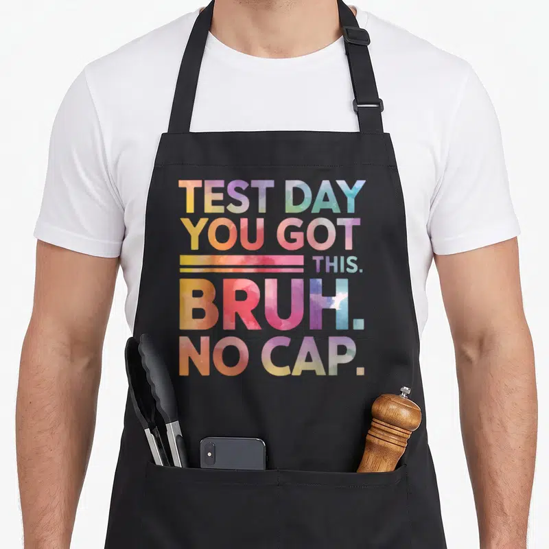 Bruh test kitchen apron - Stacked colorful gradient text reading TEST DAY YOU GOT THIS BRUH NO CAP with two horizontal — shown on a black cotton canvas apron against a white background