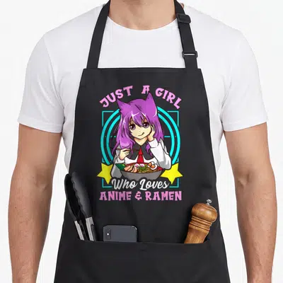 Bowl anime apron - Purple anime girl holding ramen bowl with pink and yellow text — shown on a black cotton canvas apron against a white background