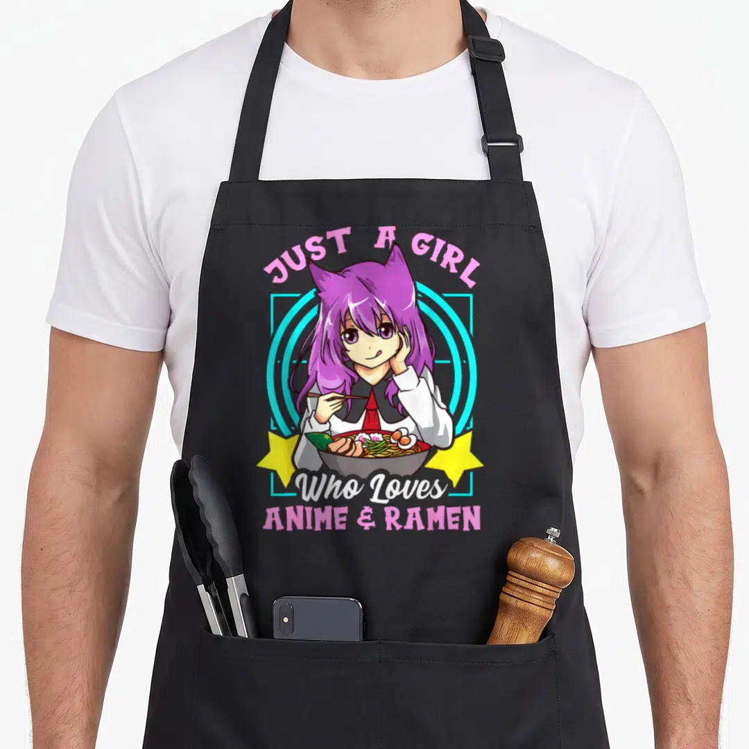 Bowl anime apron - Purple anime girl holding ramen bowl with pink and yellow text — shown on a black cotton canvas apron against a white background