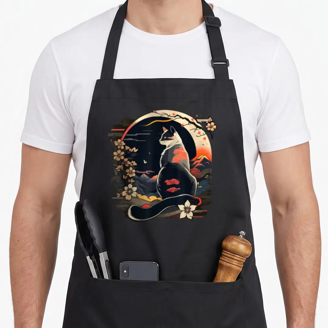 Anime kawaii cooking apron - Retro cat silhouette against moon and mountains with cherry blossoms in blue orange red — shown on a black cotton canvas apron against a white background