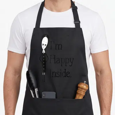 Inside family aprons - Cartoon girl standing next to stacked text I'm Happy Inside in black and white — shown on a black cotton canvas apron against a white background