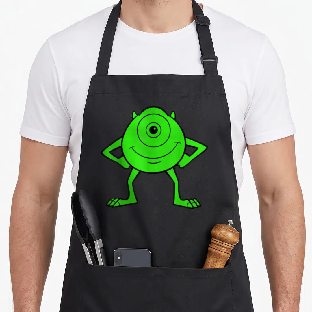 Mike iraqi apron - Green cartoon one-eyed monster standing with hands on hips on black fabric — shown on a black cotton canvas apron against a white background