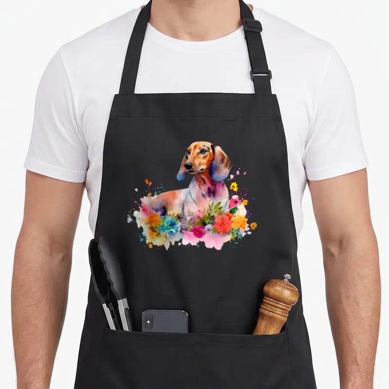Dachshund top dog aprons - Watercolor dachshund with pink yellow blue green flowers overlapping chest — shown on a black cotton canvas apron against a white background
