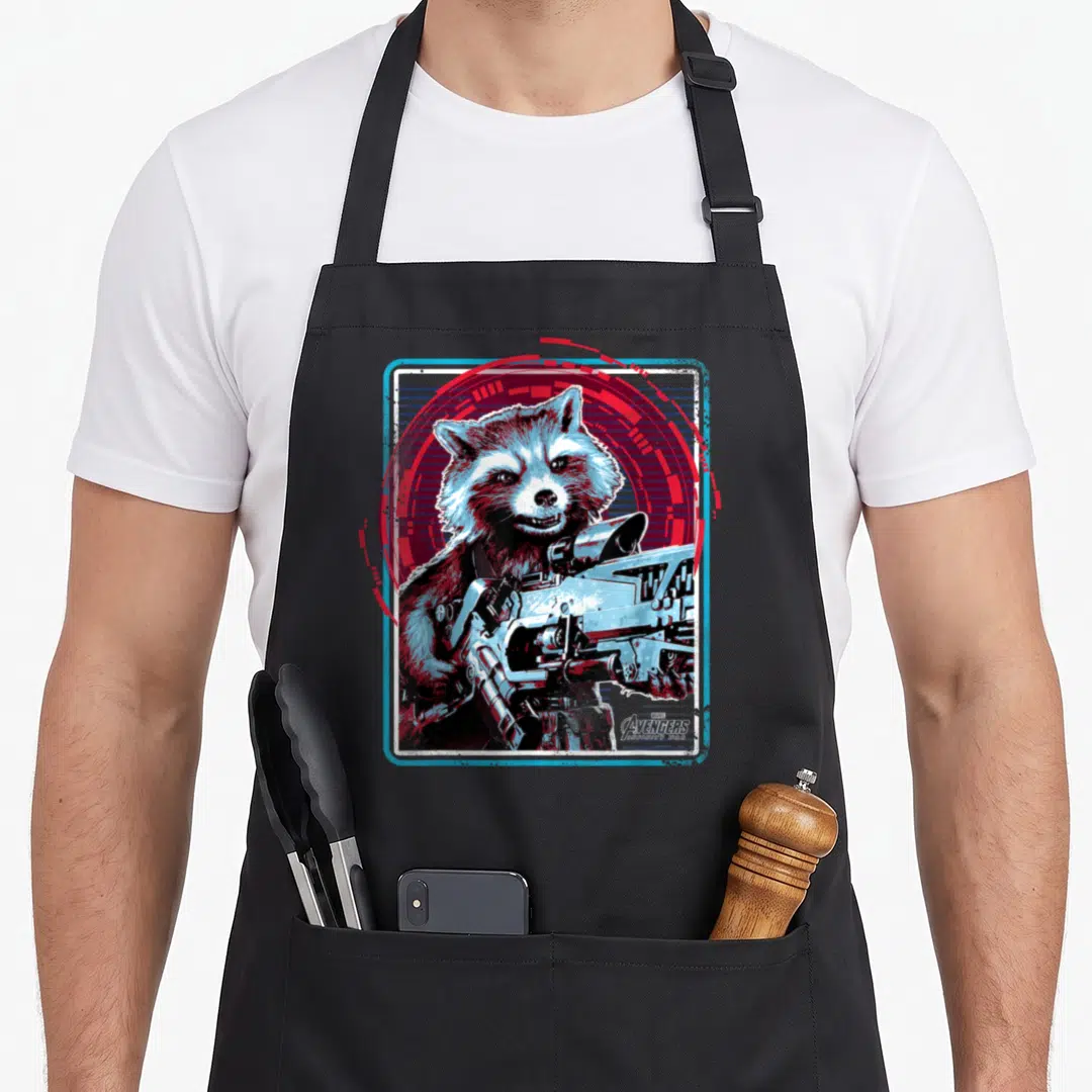 Rocket infinity apron - Cartoon raccoon holding gun inside red circle and blue square border — shown on a black cotton canvas apron against a white background