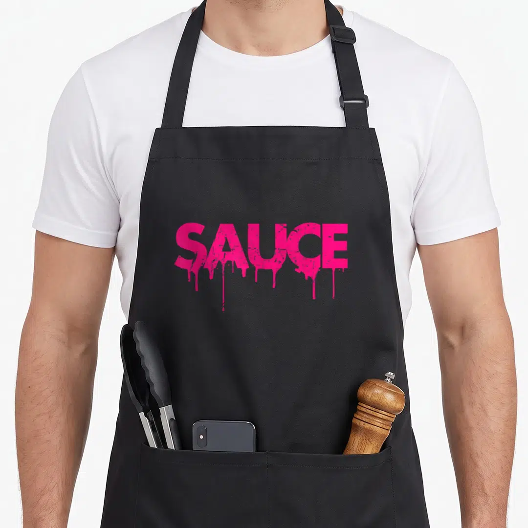 Dripping messy aprons - Pink typography reading SAUCE with dripping paint effect at bottom of letters — shown on a black cotton canvas apron against a white background