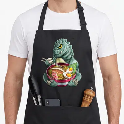 Kaijus anime apron - Teal cartoon monster holding chopsticks over a red bowl of ramen with egg and nori — shown on a black cotton canvas apron against a white background
