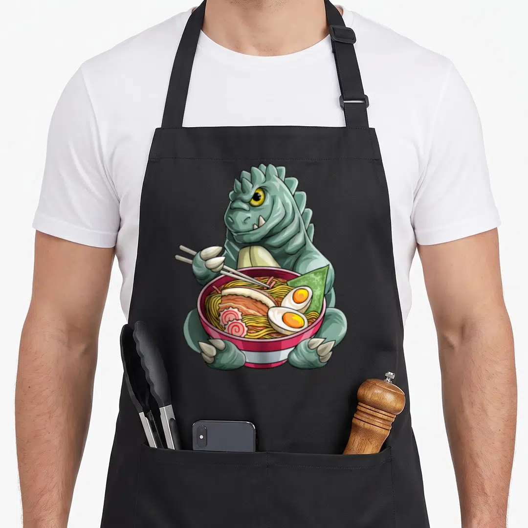 Kaijus anime apron - Teal cartoon monster holding chopsticks over a red bowl of ramen with egg and nori — shown on a black cotton canvas apron against a white background