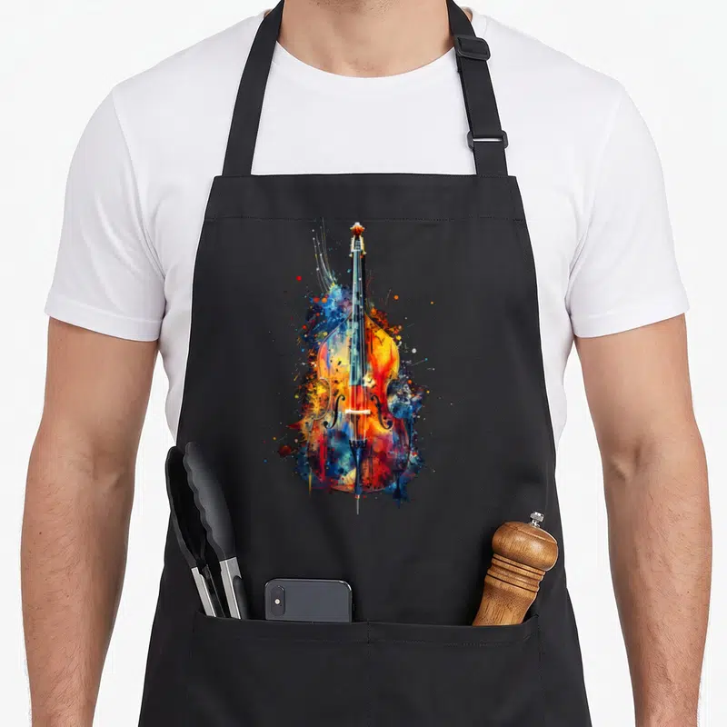 Upright colorful aprons - Watercolor double bass with blue yellow red and purple paint splatters — shown on a black cotton canvas apron against a white background