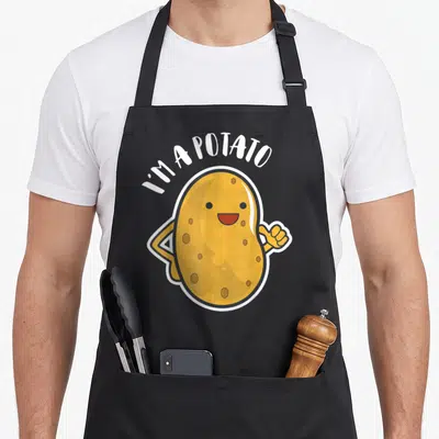 Potato french apron - I'M A POTATO text over yellow cartoon potato giving thumbs up — shown on a black cotton canvas apron against a white background