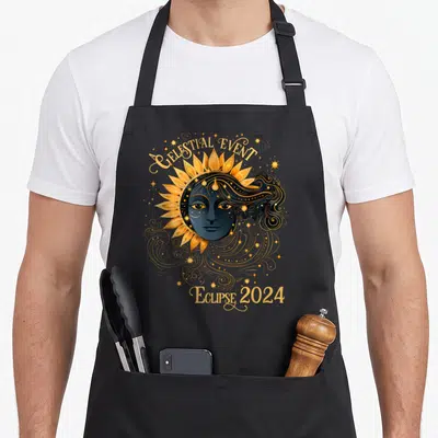 Celestial april apron - Retro celestial face with gold sun rays and eclipse 2024 text in blue and orange — shown on a black cotton canvas apron against a white background