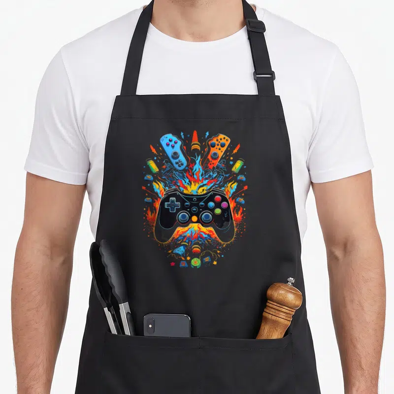Vintage gaming video game apron - Black controller with blue orange fire and peripherals cartoon explosion — shown on a black cotton canvas apron against a white background