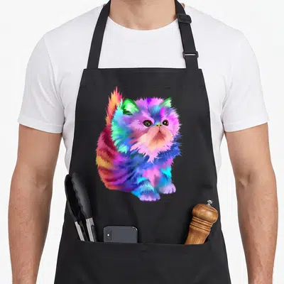 Starchild kitten apron - Realistic fluffy cat illustration in purple, blue, pink, green, and orange colors — shown on a black cotton canvas apron against a white background