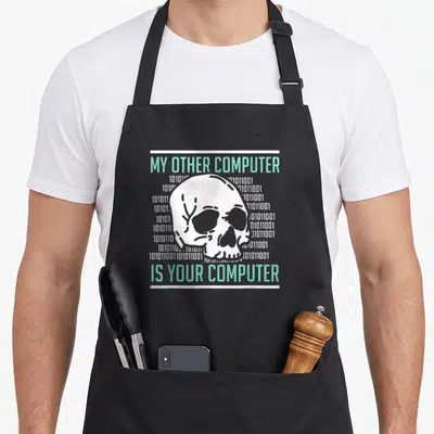 Hacker cybersecurity apron - White skull between mint green text and binary code columns — shown on a black cotton canvas apron against a white background