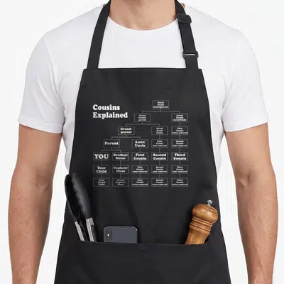Explained family reunion aprons - White flow chart titled Cousins Explained mapping family tree relationships including — shown on a black cotton canvas apron against a white background