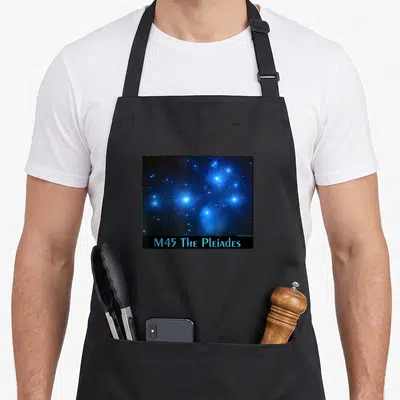 M45 astronomy apron - Photo of Pleiades star cluster above black bar with text M45 The Pleiades — shown on a black cotton canvas apron against a white background